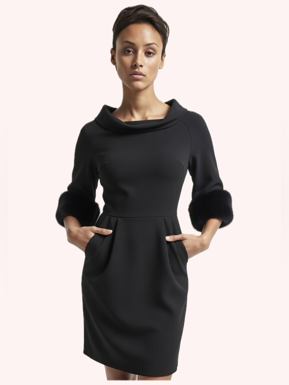 Michael Kors Collection $3995 Runway Black Wool Mink Cuffs Stand Collar Dress 4